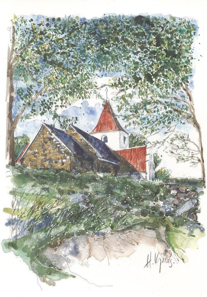Akvarel af Skørping Kirke